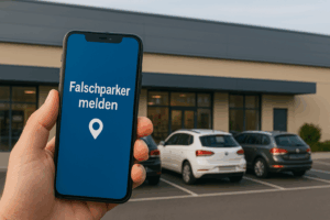 Bild eines Smartphone mit Falschparker-App im Vordergrund eines Parkplatzes mit parkenden Autos. Mit der App lassen sich Falschparker auf Kundenparkplatz melden und Falschparker auf Privatparkplatz melden