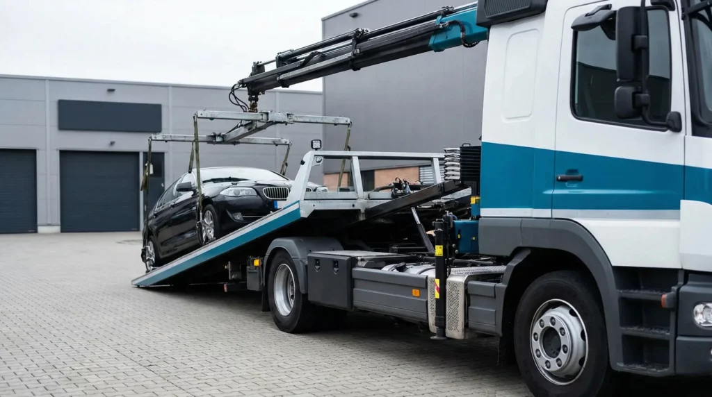 Abschleppwagen bereitet das Abschleppen eines Autos von einem Privatgelände vor.