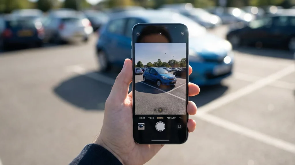 Person nutzt eine Smartphone-App, um einen Falschparker auf einem Parkplatz zu melden.