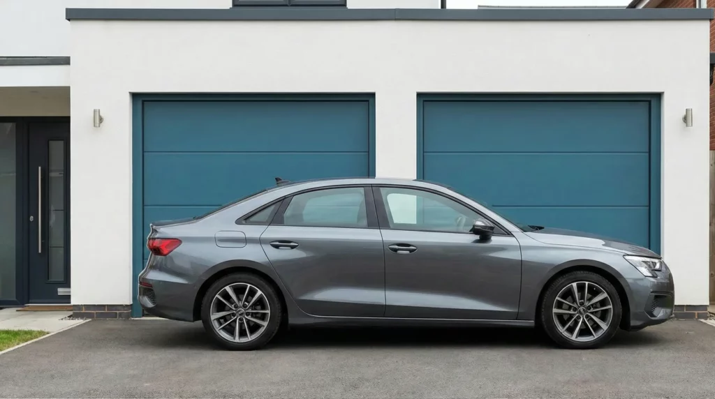 Ein grauer PKW blockiert eine Garageneinfahrt mit petrolfarbenen Toren.