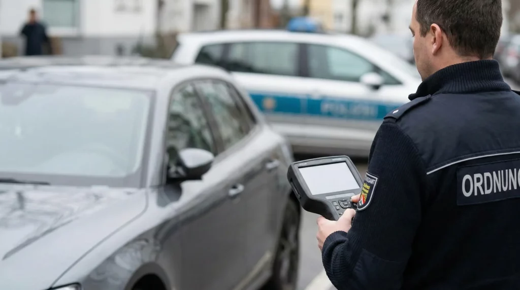 Mitarbeiter des Ordnungsamtes dokumentiert einen Parkverstoß mit einem digitalen Gerät.