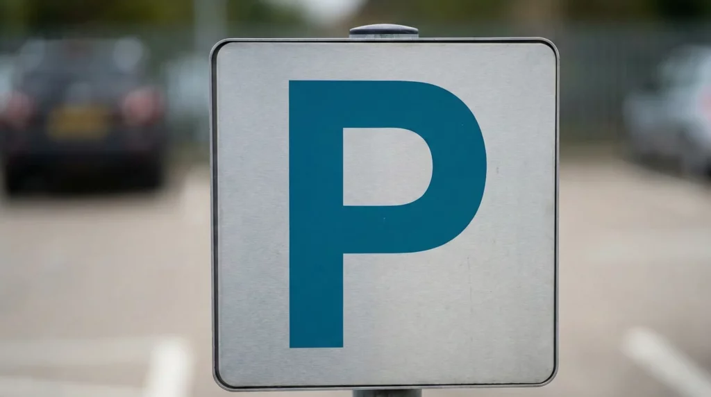 Nahaufnahme eines modernen Parkplatzschildes mit petrolblauem P-Symbol.