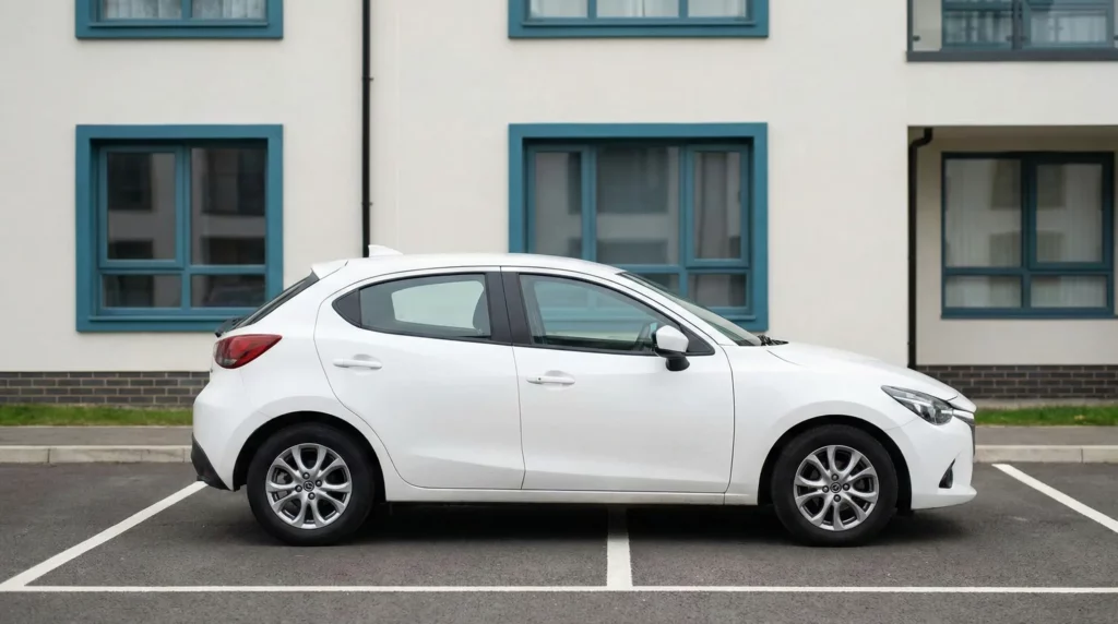 Weißes Auto parkt falsch auf markiertem Privatparkplatz vor modernem Wohnhaus.