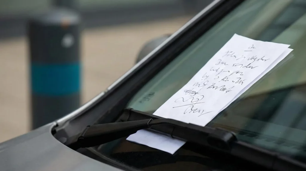 Handschriftliche Notiz für einen Falschparker unter dem Scheibenwischer eines Autos.
