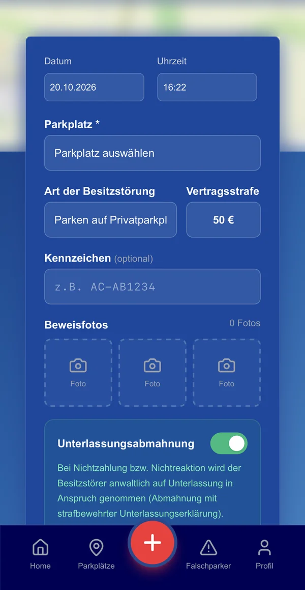 Falschparker per App melden: Parkplatz wählen, Beweisfotos hochladen, Vertragsstrafe 50 Euro
