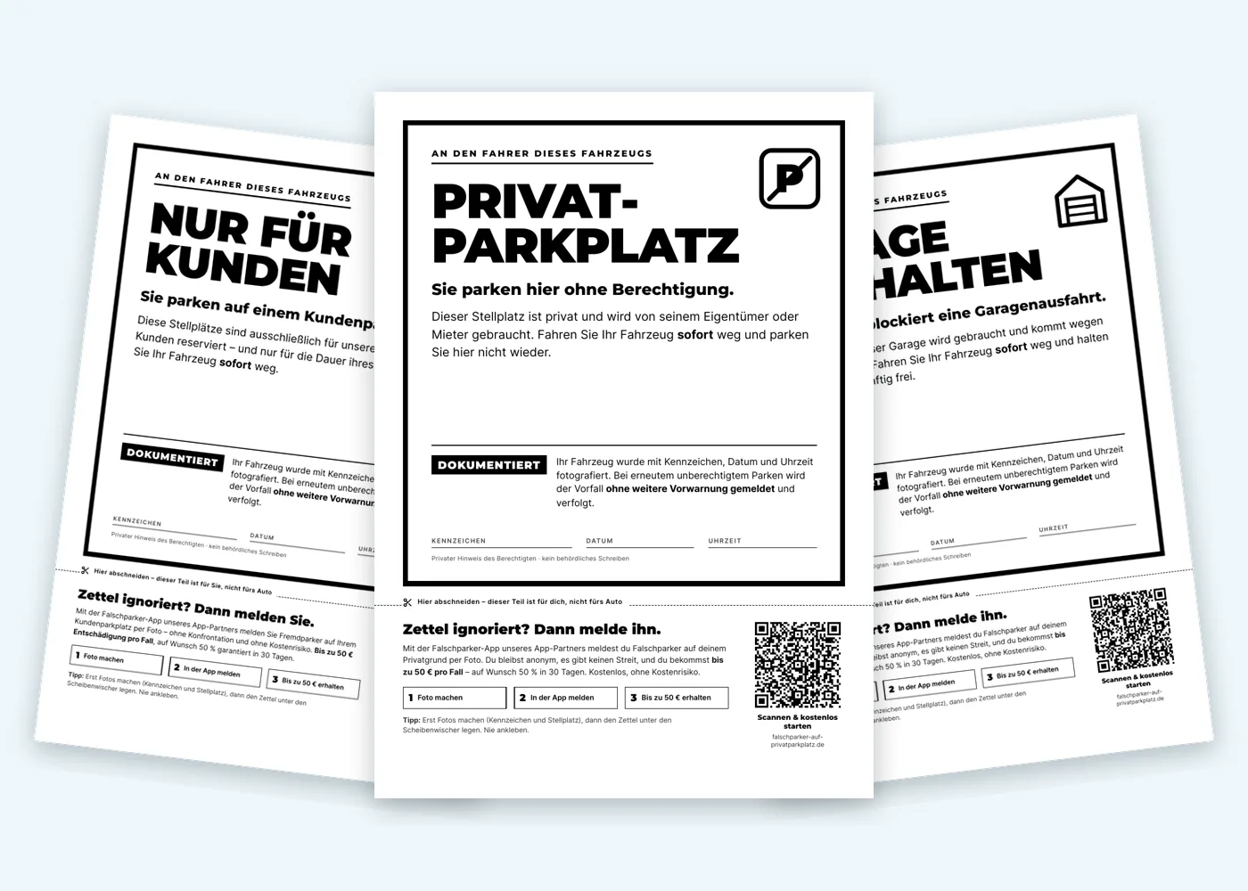 Falschparker-Zettel als PDF-Vorlage: Privatparkplatz, Garage freihalten, Nur für Kunden