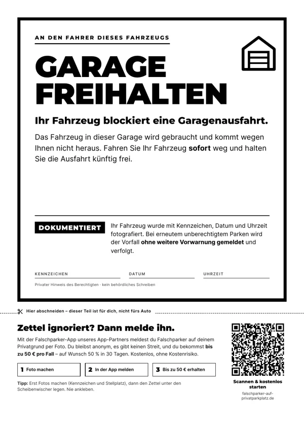Falschparker-Zettel Vorlage: Garage zugeparkt