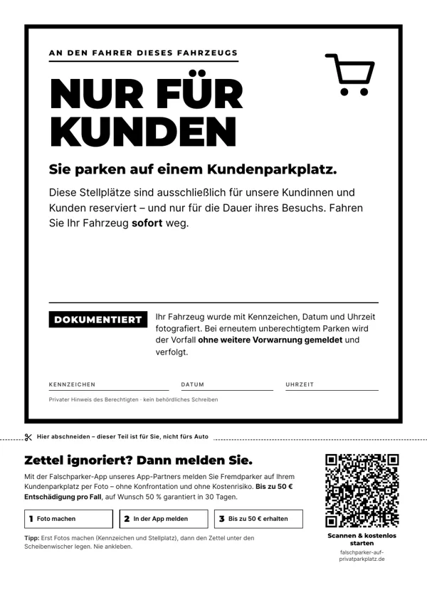 Falschparker-Zettel Vorlage: Kundenparkplatz belegt