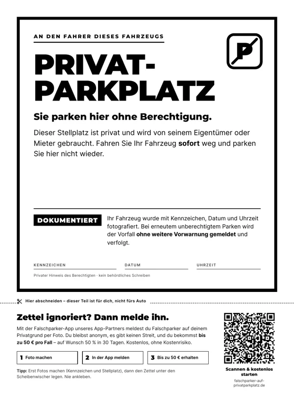 Falschparker-Zettel Vorlage: Privatparkplatz belegt