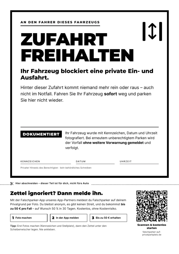 Falschparker-Zettel Vorlage: Zufahrt zugeparkt